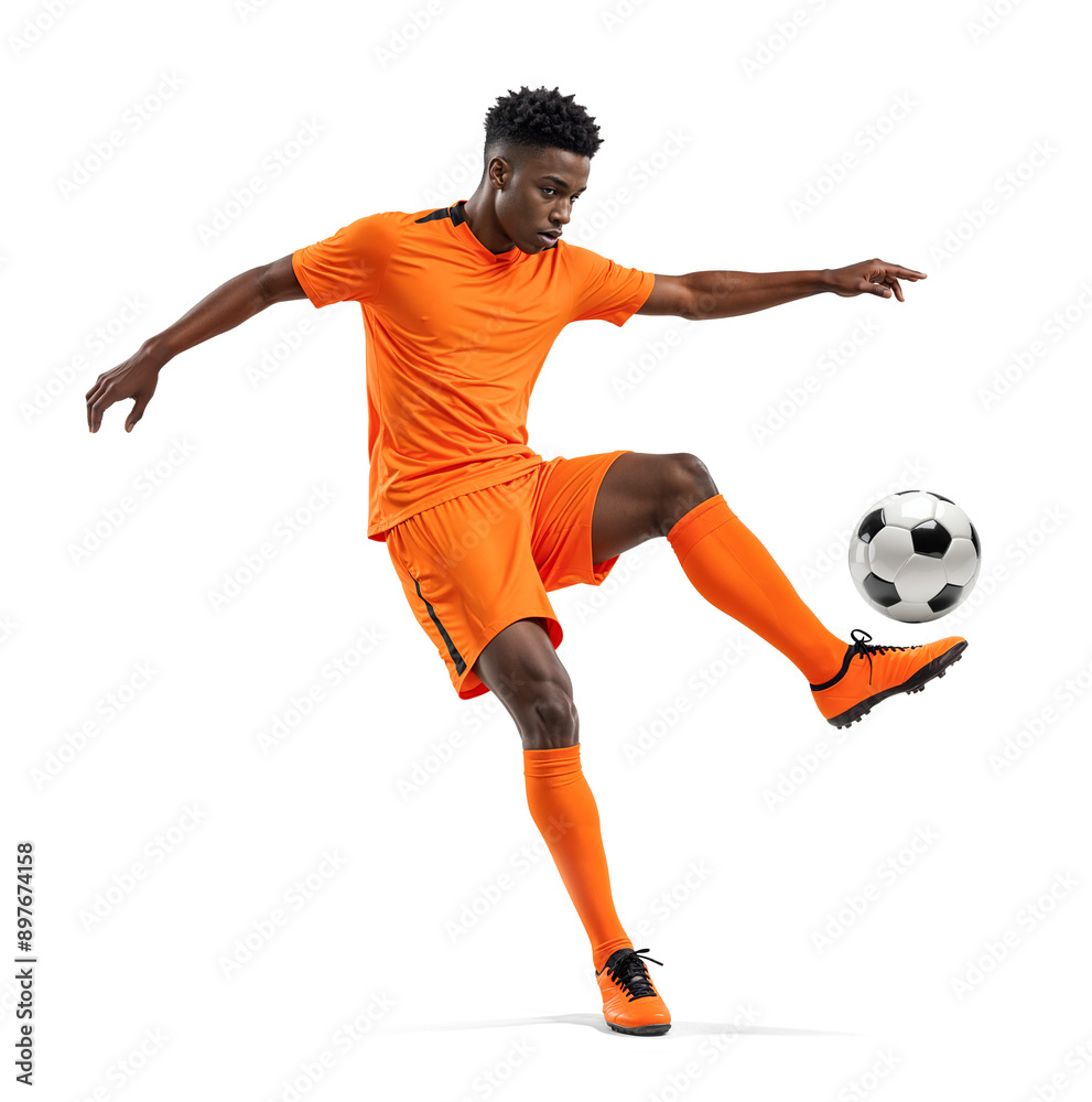 Black football player in bright orange jersey doing midair ball receive dribble