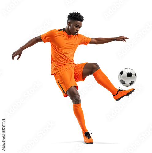Obraz na płótnie Black football player in bright orange jersey doing midair ball receive dribble w salonie