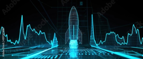 Neon cyan graph and rocket against a black backdrop, showcasing futuristic business success.