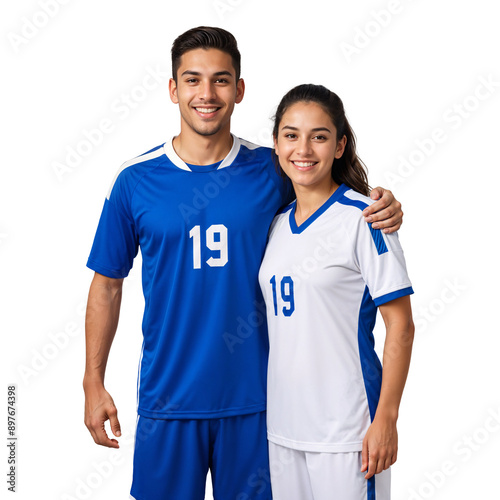 Obraz na płótnie Man and woman couple partner in blue and white football jersey, isolated background w salonie
