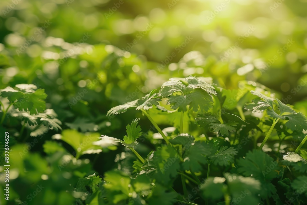 Cilantro Garden: A Closeup of Vibrant Green Coriander Plants Growing on a Farm Cilantro Garden: A Closeup of Vibrant Green Coriander Plants Growing on a Farm