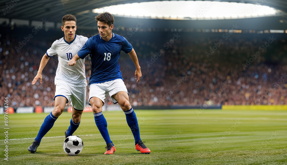 Two soccer players from different team compete for a ball with blank empty spaces