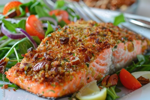 Crusted Salmon Dinner. Grilled Fish Filet with Pecan Salad, Healthy Seafood Option