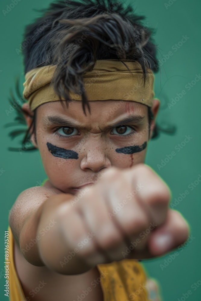 A young athlete in a tribal jersey punches confidently, showcasing strength and determination. A young athlete in a tribal jersey punches confidently, showcasing strength and determination.