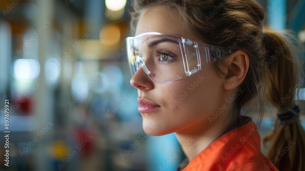 A woman wearing safety glasses and an orange jumpsuit looks thoughtfully at something out of frame. A woman wearing safety glasses and an orange jumpsuit looks thoughtfully at something out of frame.