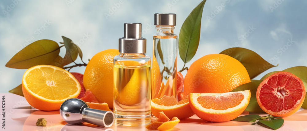 Natural vitamin c serum, skincare, essential oil products. Bottle of vitamin C serum with fresh juicy orange fruit. Beauty product branding mock-up. Natural vitamin c serum, skincare, essential oil products. Bottle of vitamin C serum with fresh juicy orange fruit. Beauty product branding mock-up.