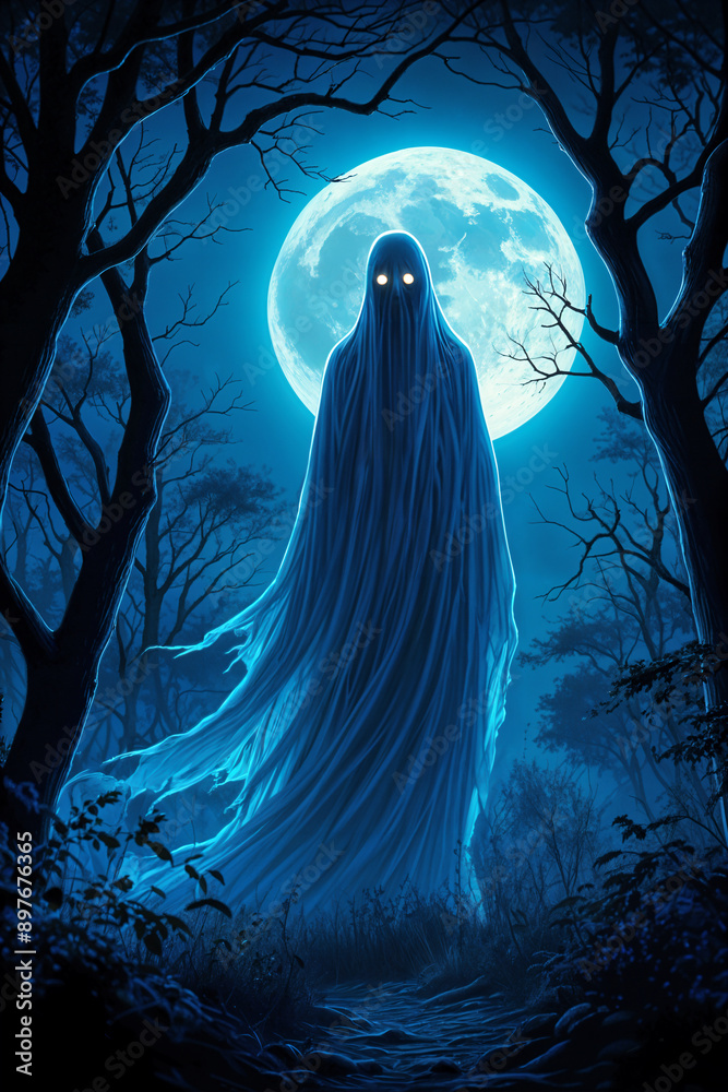 Ghostly figure standing amidst trees under a full moon, with a dark and eerie atmosphere.