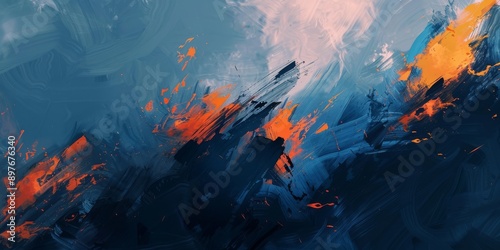 Lively digital artwork with vibrant blue and orange brushstrokes creating dynamic abstract composition