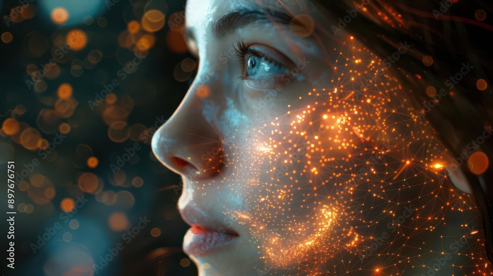 A woman's face is illuminated by a swirling, fiery light, creating a mesmerizing and otherworldly effect. A woman's face is illuminated by a swirling, fiery light, creating a mesmerizing and otherworldly effect.