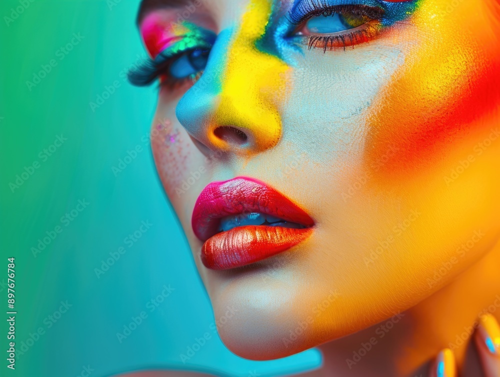 A stylized portrait of a person with vivid, rainbow-colored cosmetics. A stylized portrait of a person with vivid, rainbow-colored cosmetics.