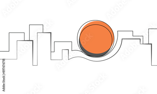 Cityscape and sun continuous line sketch minimalist design sign symbol icon. Orange disk and city skyline one line art outline logo. Doodle line abstract background. Vector illustration.	