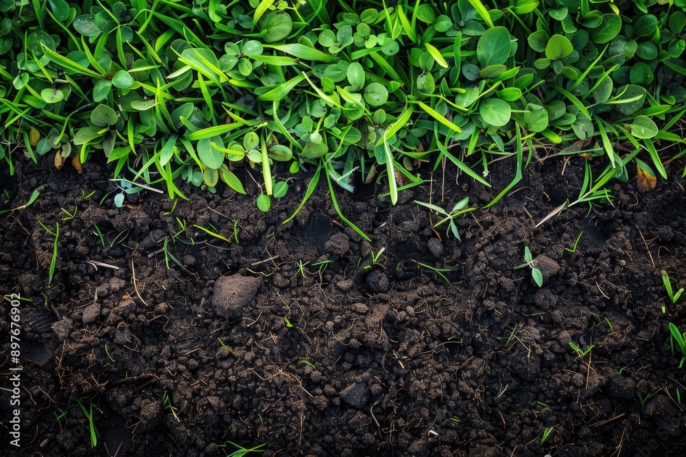 Soil Mulch. Green Nature Closeup of Soil and Grass in Top View Lawn Background Soil Mulch. Green Nature Closeup of Soil and Grass in Top View Lawn Background