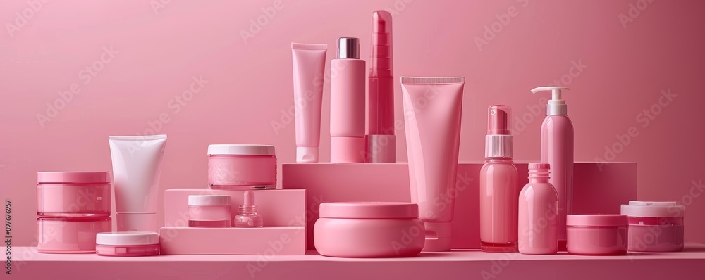 A set of pink skincare products arranged on a surface with a soft pink background A set of pink skincare products arranged on a surface with a soft pink background