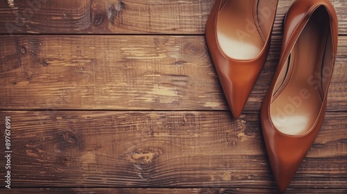 High heels on wooden surface with space for text photo