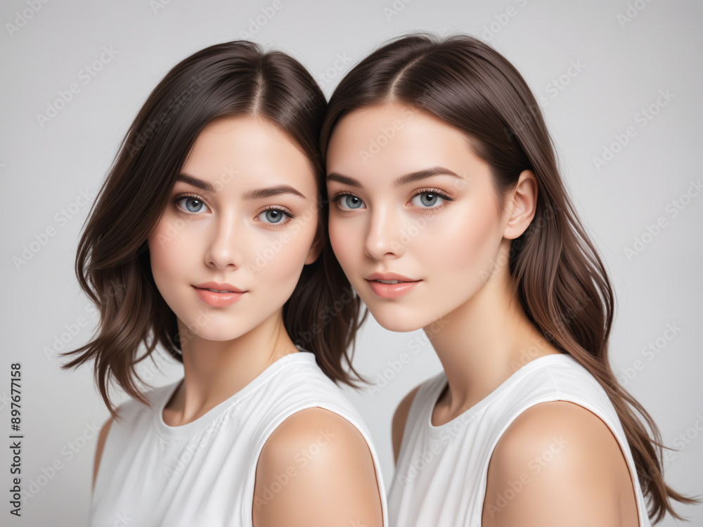 young women twins portrait bright white studio background