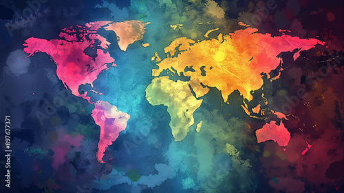 Fototapeta Naklejka Na Ścianę i Meble -  Vibrant world map painted in rainbow colors, symbolizing global unity, embracing diversity, supporting LGBTQ+ rights concept