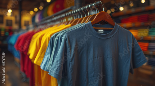 plain t-shirts of all colors of rainbow hang on a hanger, store interior blur