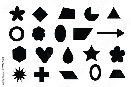 Abstract and vector basic shapes collection. Geometric formal shape. Polygonal elements. Trendy minimalist basic figure, diamond, circles, hexagon, star, triangle flat style. Vector illustration.