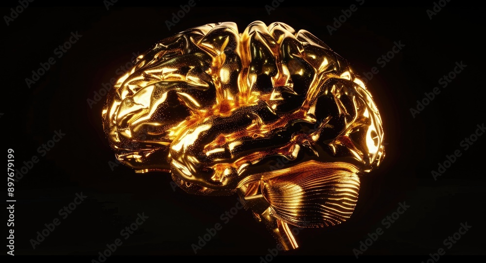 Brain Gold. Classic Three-Dimensional Abstract Anatomy Concept on Clean Black Background Brain Gold. Classic Three-Dimensional Abstract Anatomy Concept on Clean Black Background