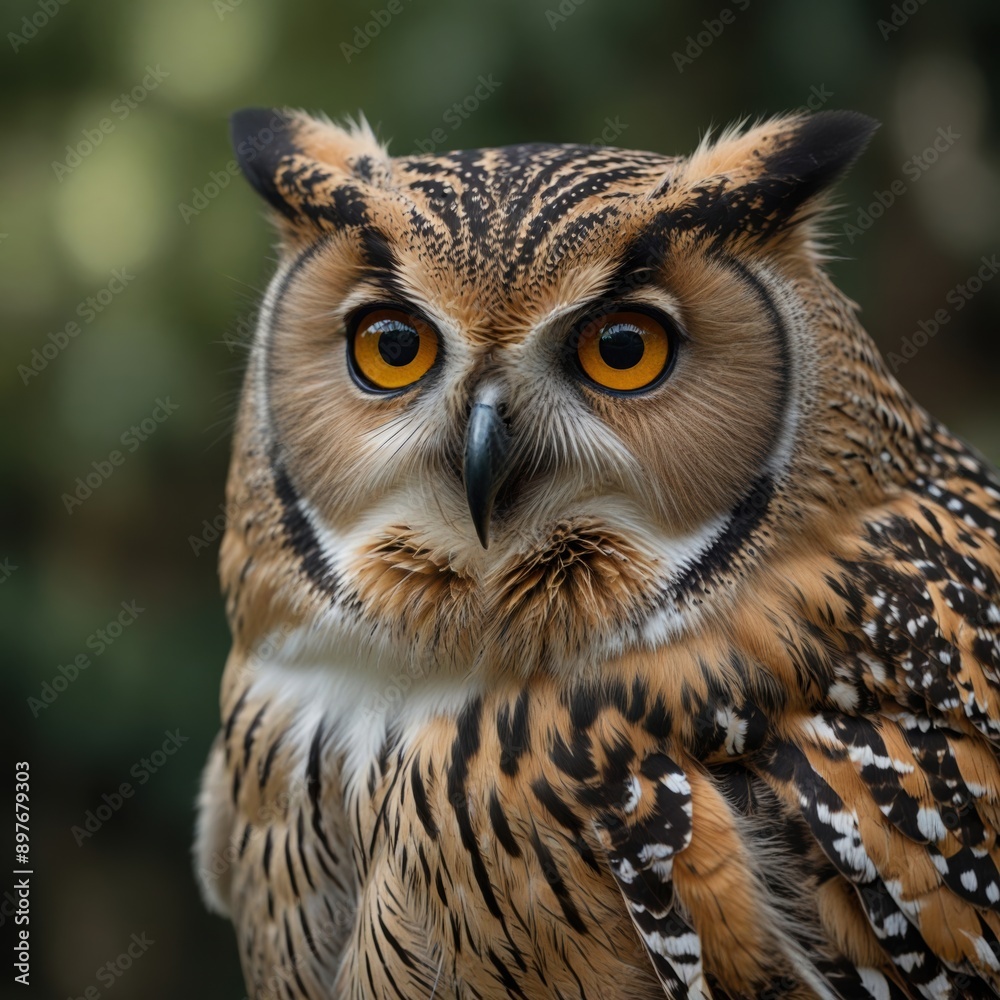 Beautiful photograph of a great horned owl perched on a rugged tree, with a dramatic forest backdrop Beautiful photograph of a great horned owl perched on a rugged tree, with a dramatic forest backdrop