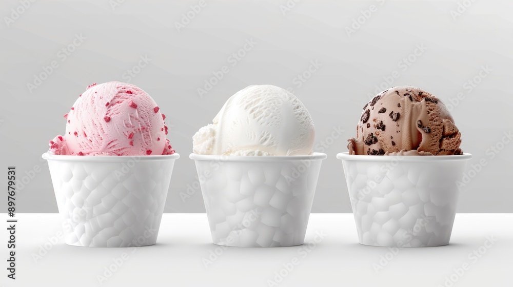 Three flavors of ice cream in cupcakes with sprinkles. Three flavors of ice cream in cupcakes with sprinkles.