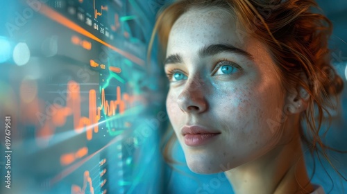 A young woman with blue eyes stares intently at a screen filled with data, a futuristic visualization of technology and innovation.