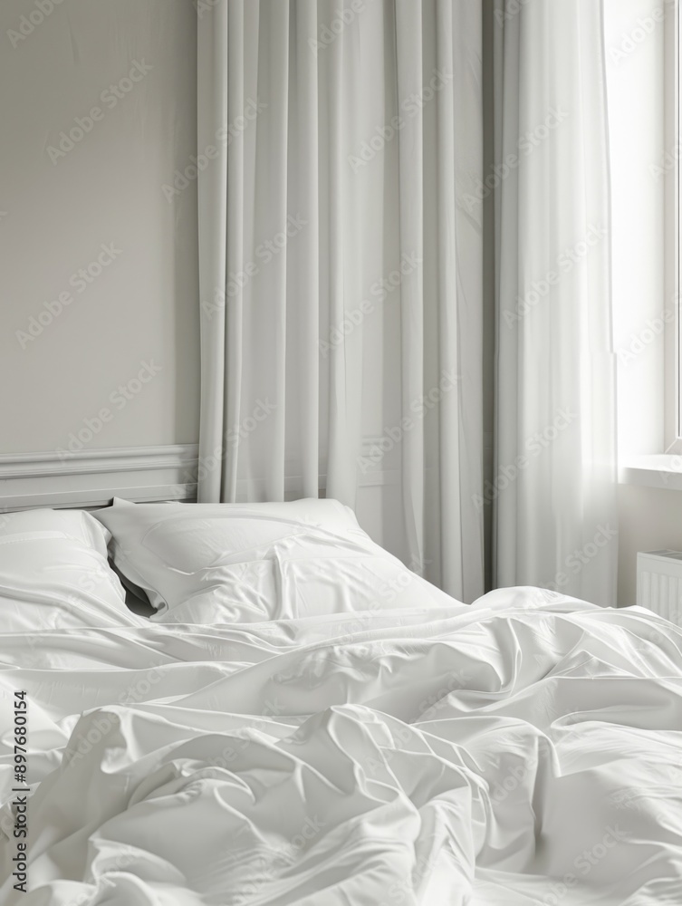 Bedroom scene with neatly made white bed. Bedroom scene with neatly made white bed.