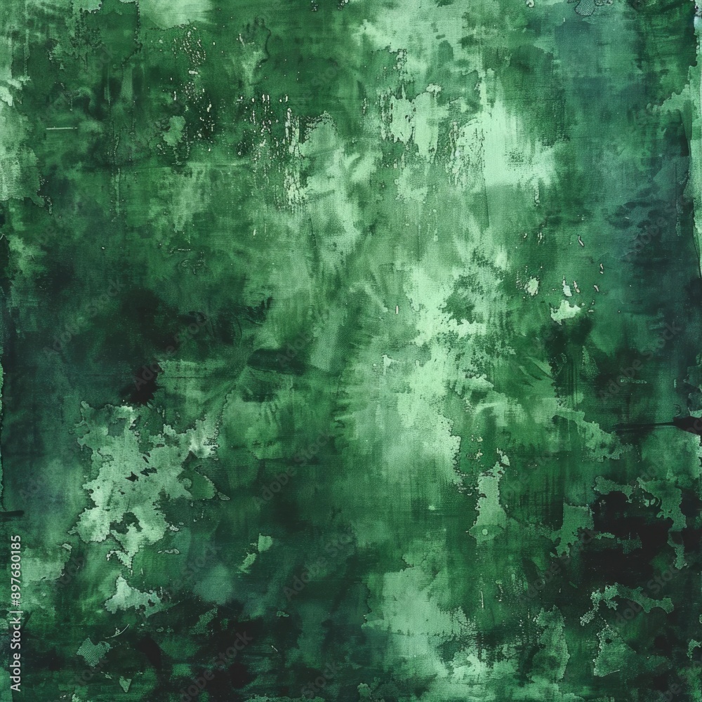 Cool Tie Dye. Forest Green Laundered Dirty Painting with Vintage Watercolor Brush Technique