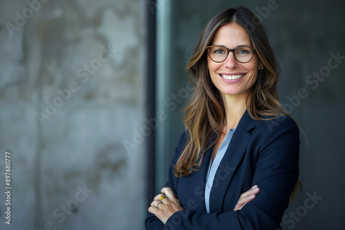 confident businesswoman with eyeglasses, smiling and standing with arms crossed. Ideal for representing successful corporate female managers, career achievements, and executive lea