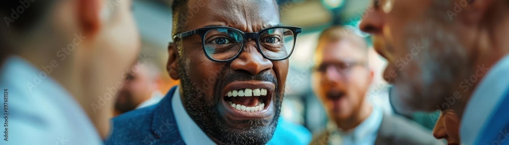 Close up of a man with glasses yelling in anger. Close up of a man with glasses yelling in anger.