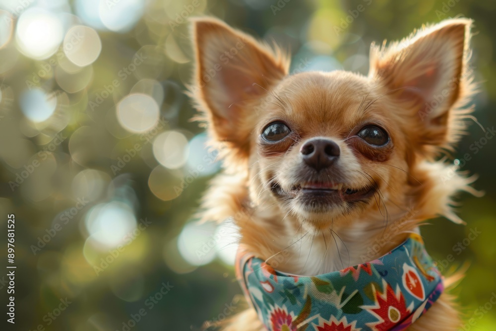Joyful Chihuahua with a stylish bandana enjoys the sunshine after grooming Joyful Chihuahua with a stylish bandana enjoys the sunshine after grooming