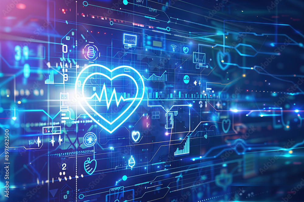 Futuristic medical visualization of the heart and cardiogram Futuristic medical visualization of the heart and cardiogram