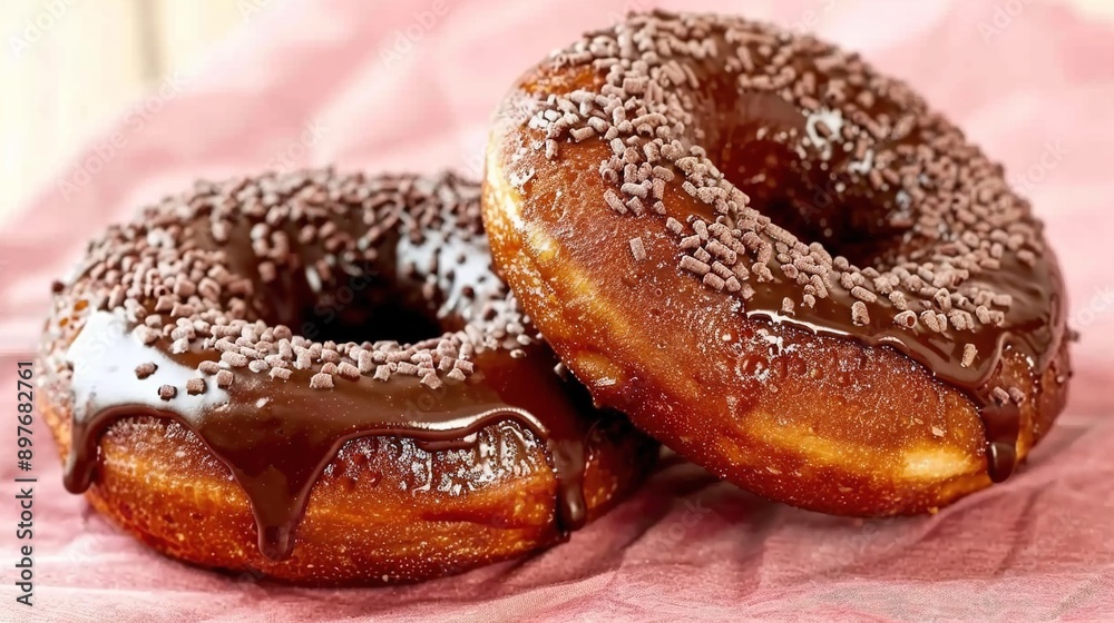 A pair of doughnuts placed atop a pink tablecloth, set upon another pink tablecloth A pair of doughnuts placed atop a pink tablecloth, set upon another pink tablecloth