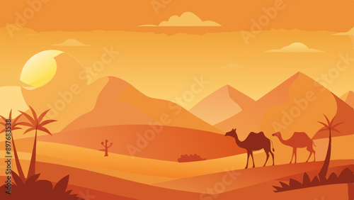  Desert background with camels, vector art illustration