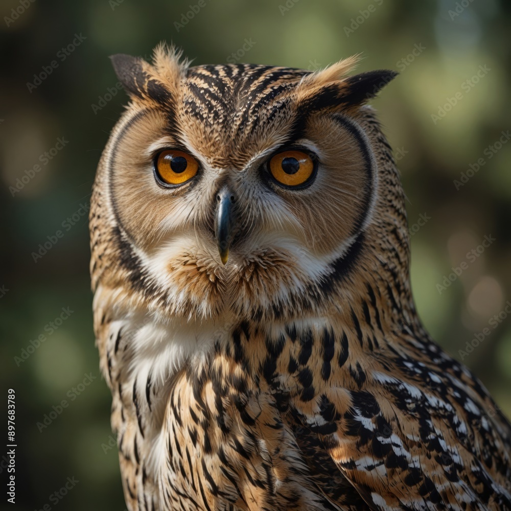 Close-up of a wise owl with intense eyes and intricate feather details Close-up of a wise owl with intense eyes and intricate feather details