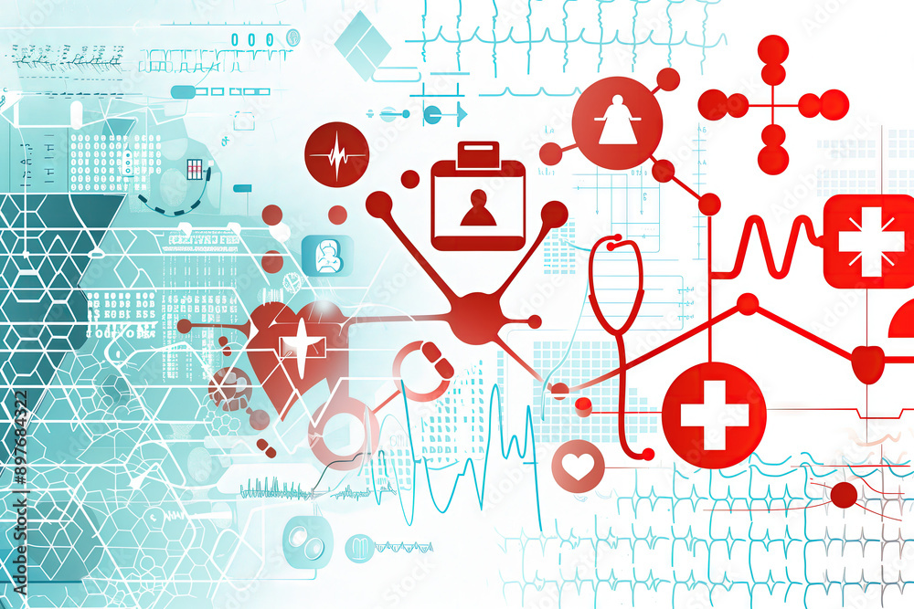 Digital medical background with molecules and abstract symbols, representing modern science.