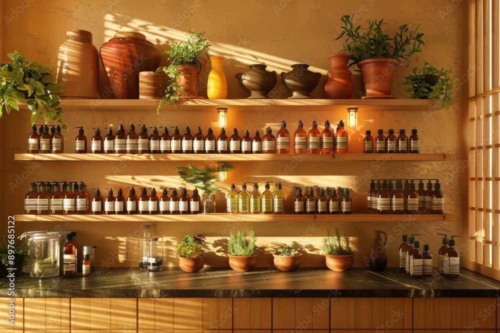 A tranquil spa room featuring herbal remedies and essential oils on shelves, exuding warmth and contemporary style A tranquil spa room featuring herbal remedies and essential oils on shelves, exuding warmth and contemporary style