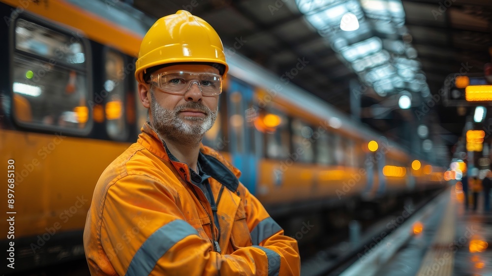 Man in Orange Jacket Standing Next to Train Man in Orange Jacket Standing Next to Train