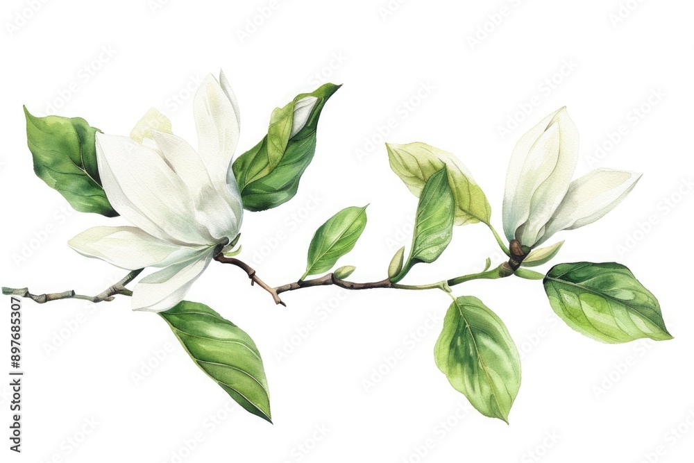 Obraz premium Magnolia Leaves Watercolor. Hand Drawn Illustration of White Magnolia Branch with Green Leaves
