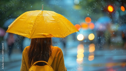 Woman in Yellow Coat Holding Umbrella