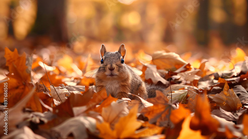 Chipmunk pauses in the forest on a sunny autumn day in the east photo