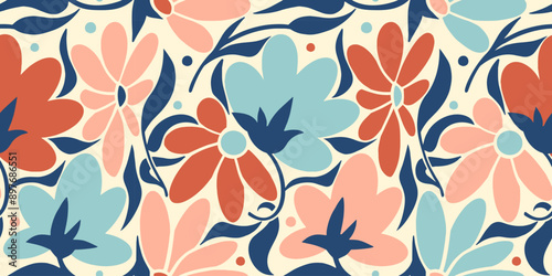 Hand drawn seamless modern floral background. Abstract flowers and leaves. Naive botanical simple art. Retro organic nature doodle graphic