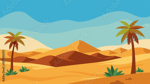  Desert background with date trees, vector art illustration