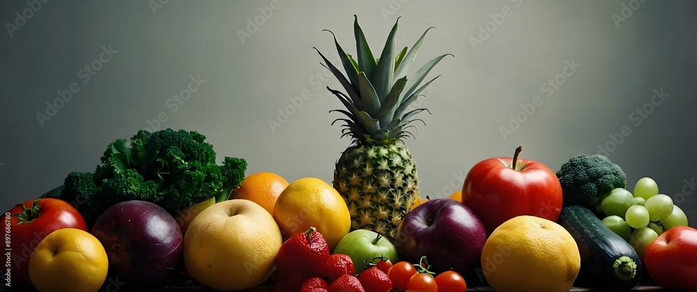 Fresh Fruits And Vegetables Arranged In An Artistic Way Fresh Fruits And Vegetables Arranged In An Artistic Way