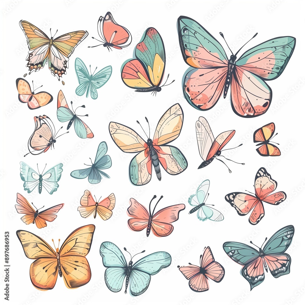 Set of colorful butterflies illustration clipping path. AI generated Set of colorful butterflies illustration clipping path. AI generated