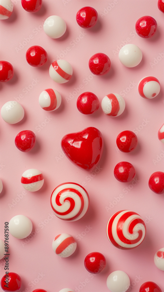 Heart-shaped candies and red and white sweets on pink background Heart-shaped candies and red and white sweets on pink background