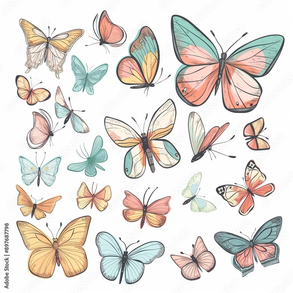 Set of colorful butterflies illustration clipping path. AI generated Set of colorful butterflies illustration clipping path. AI generated