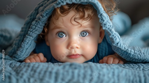 Baby With Blue Blanket on Head