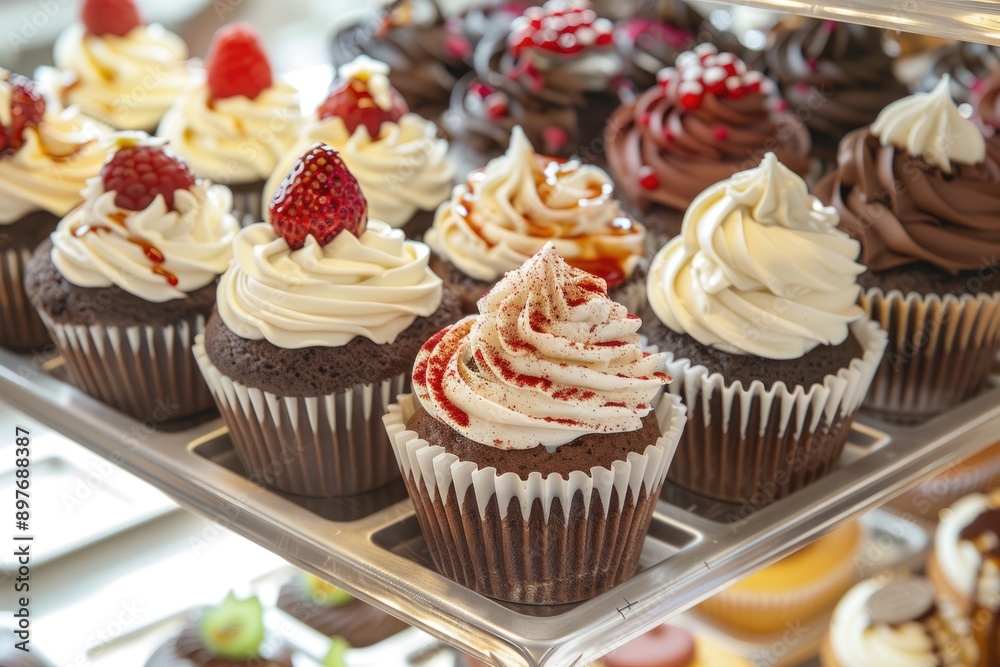 Cupcake Display. Assorted Epicure Desserts on Elegant Tray for Sweet Indulgence Cupcake Display. Assorted Epicure Desserts on Elegant Tray for Sweet Indulgence