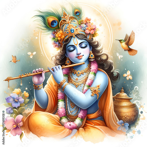 Watercolor Lord Krishna with flute photo